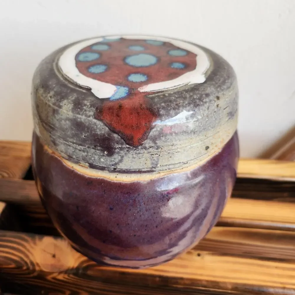 Hand Crafted Stoneware Art Studio Pottery Plum Jar with Lid Drip Glazed